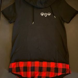 Hooded Short Sleeve Sweatshirt with Flannel Trim